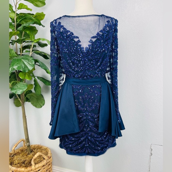 Modessa Couture Blue Embellished Peplum Long Sleeve Prom Homecoming Event Dress - Picture 11 of 16
